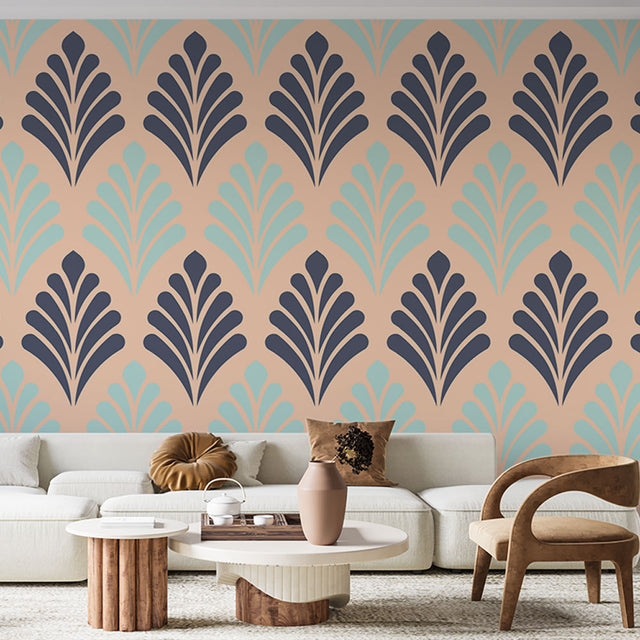 Art deco fan pattern wallpaper creating a stunning focal point in a modern living room with beige and blue geometric design
