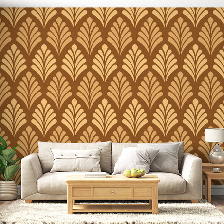 Art Deco fan pattern wallpaper in brown and gold creating drama in a modern dining room with pendant lighting