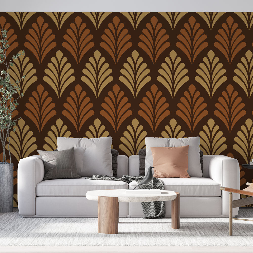 Art deco brown and gold fan pattern wallpaper in a luxurious dining room with warm lighting and modern furniture