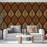 Art deco brown and gold fan pattern wallpaper in a luxurious dining room with warm lighting and modern furniture