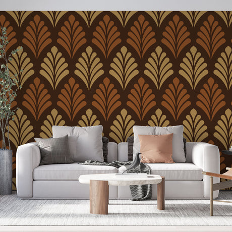 Art deco brown and gold fan pattern wallpaper in a luxurious dining room with warm lighting and modern furniture