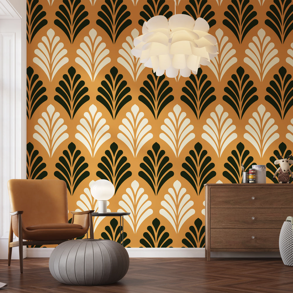 Art deco fan pattern wallpaper in gold and black creating drama in a modern dining room with crystal chandelier