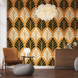 Art deco fan pattern wallpaper in gold and black creating drama in a modern dining room with crystal chandelier