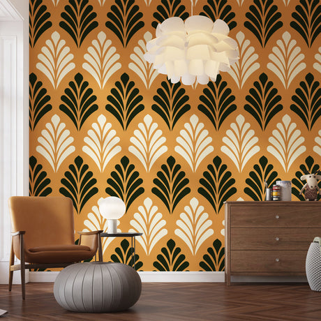 Art deco fan pattern wallpaper in gold and black creating drama in a modern dining room with crystal chandelier