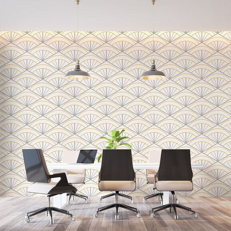 Art deco fan pattern wallpaper in a modern living room, golden geometric design casting soft shadows on grey walls