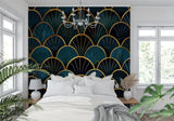 Geometric fan wallpaper transforming a home office with 1920s glamour