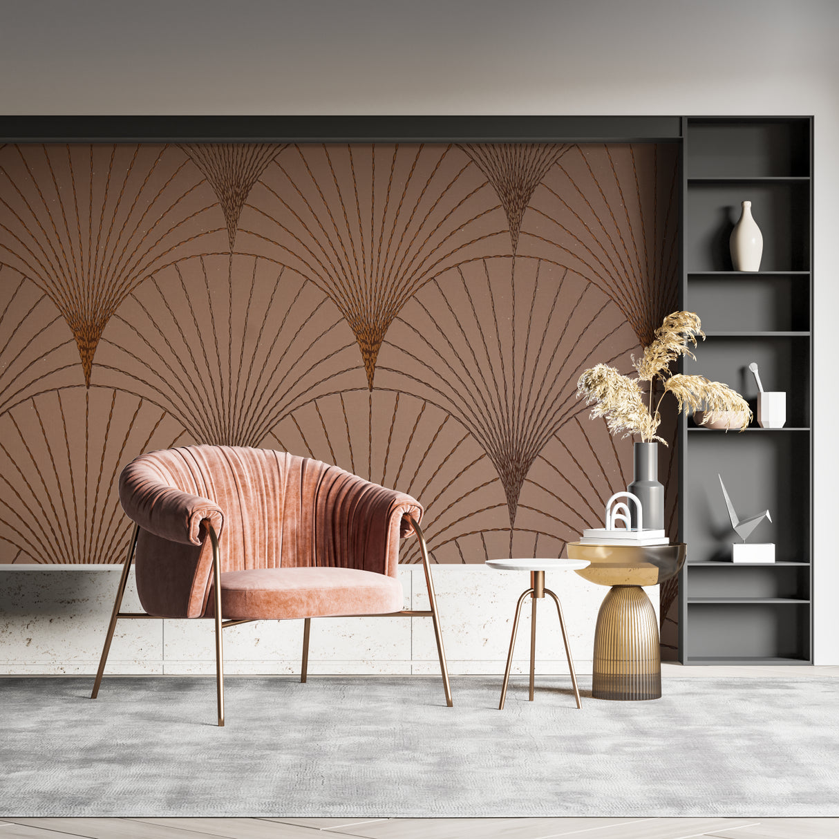 Art deco geometric fan pattern wallpaper in a modern living room with mid-century furniture and brass accents