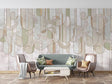 Art deco geometric wallpaper in sage green showcased in a bright modern living room setting