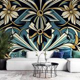 Art Deco geometric floral wallpaper in gold and blue creating elegant atmosphere in a modern dining room with crystal chandelier