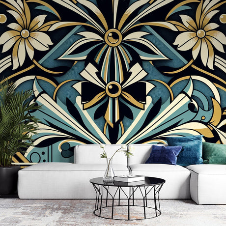 Art Deco geometric floral wallpaper in gold and blue creating elegant atmosphere in a modern dining room with crystal chandelier