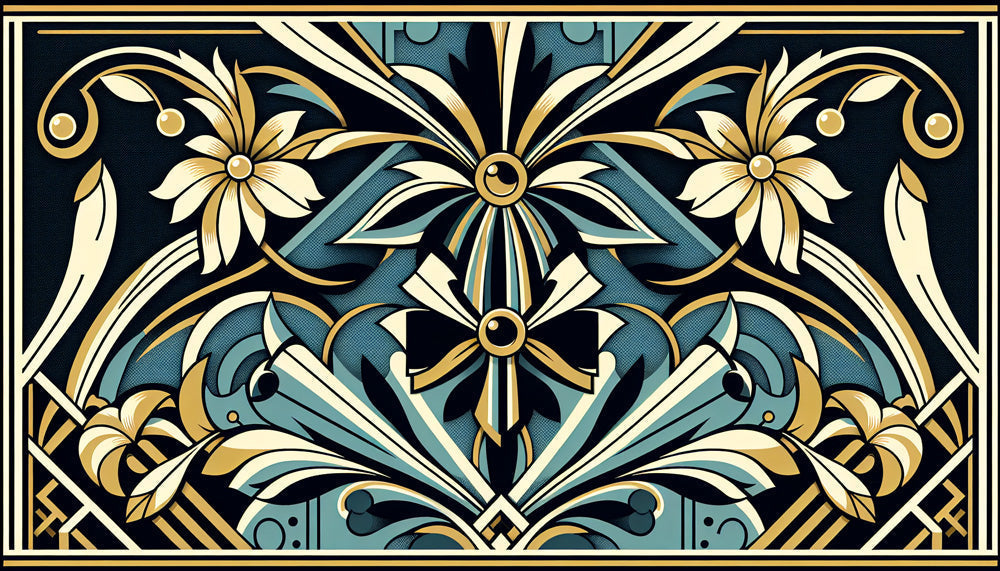 Art Deco geometric floral pattern design file showing intricate gold details on navy background