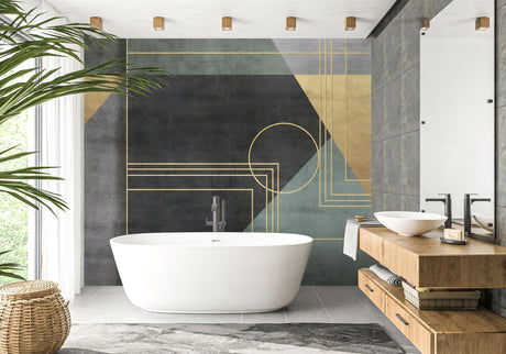 Art deco geometric wallpaper in modern living room showing gold and green pattern against white furniture