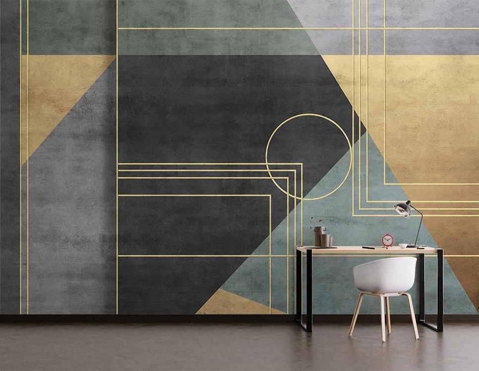 Geometric gold and green wallpaper in dining room creating luxury art deco atmosphere