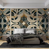 Art deco geometric wallpaper in green and gold creating a stunning backdrop in a modern dining room with soft lighting