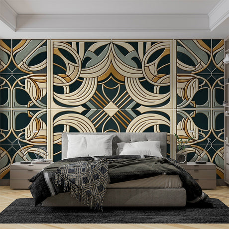 Art deco geometric wallpaper in green and gold creating a stunning backdrop in a modern dining room with soft lighting