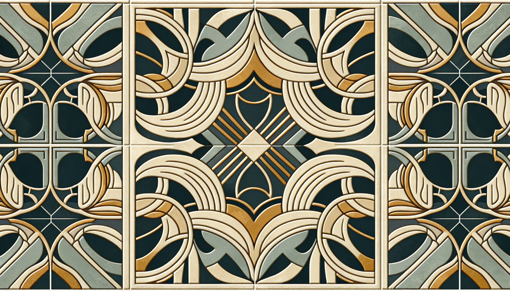 Green and gold art deco geometric pattern design file showing intricate details and flowing shapes