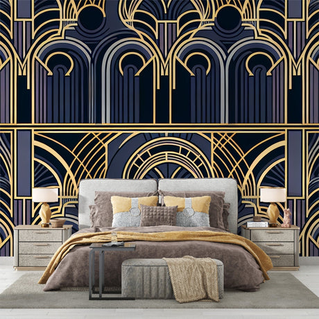 Art Deco geometric wallpaper with gold and navy pattern showcased in a modern living room with high ceilings