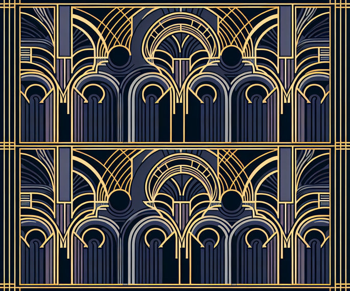 Gold and navy Art Deco geometric pattern design file showing intricate architectural details
