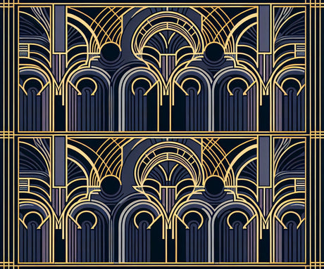 Gold and navy Art Deco geometric pattern design file showing intricate architectural details