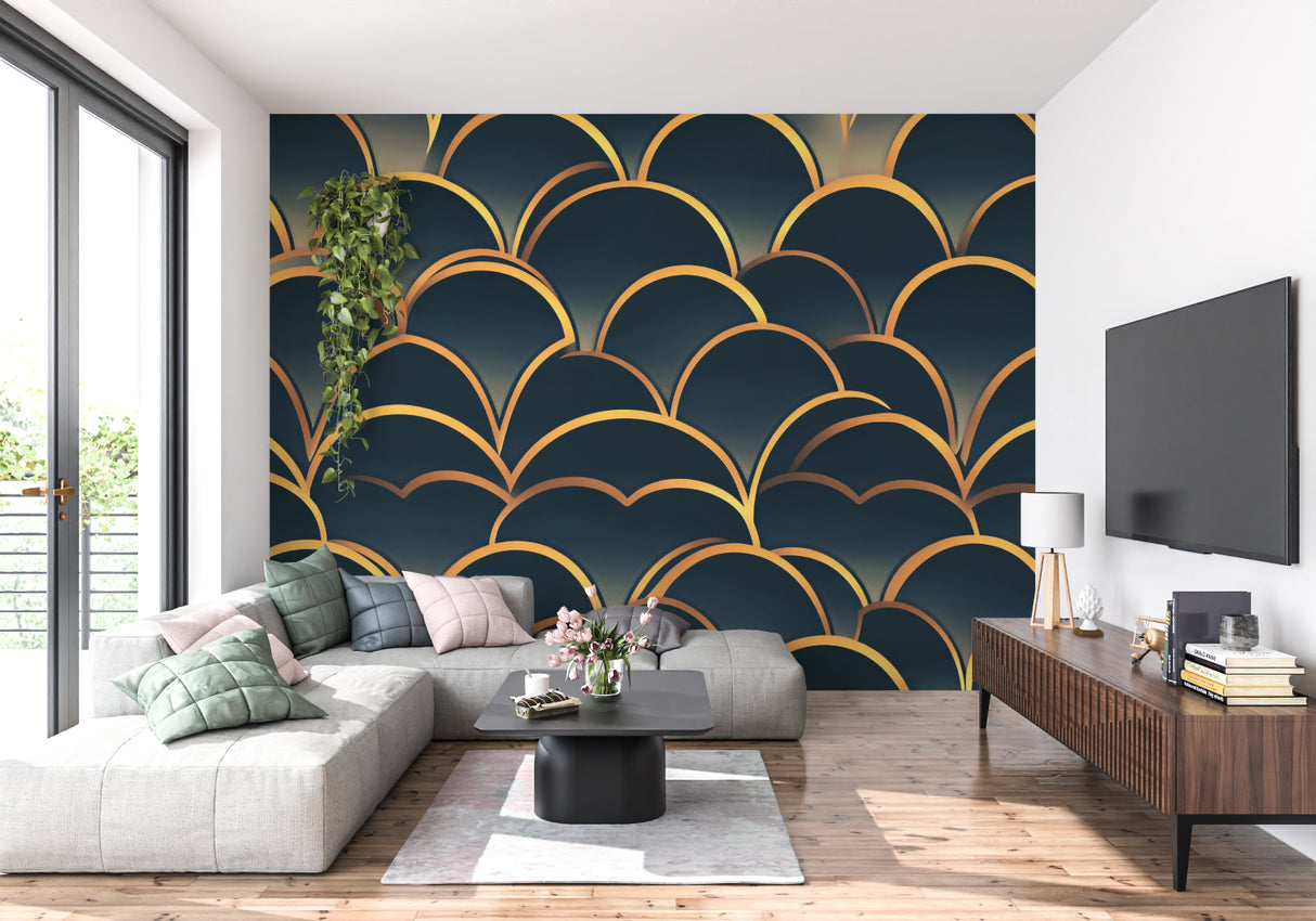 Navy and gold art deco wallpaper in powder room with brass fixtures