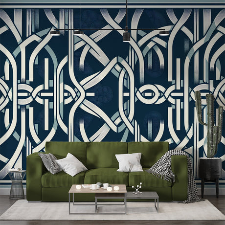 Art deco geometric wallpaper in navy bringing modern elegance to a luxury dining room with crystal chandelier
