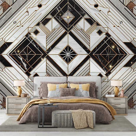 Art deco marble wallpaper with gold accents creating luxury atmosphere in modern living room with tall windows