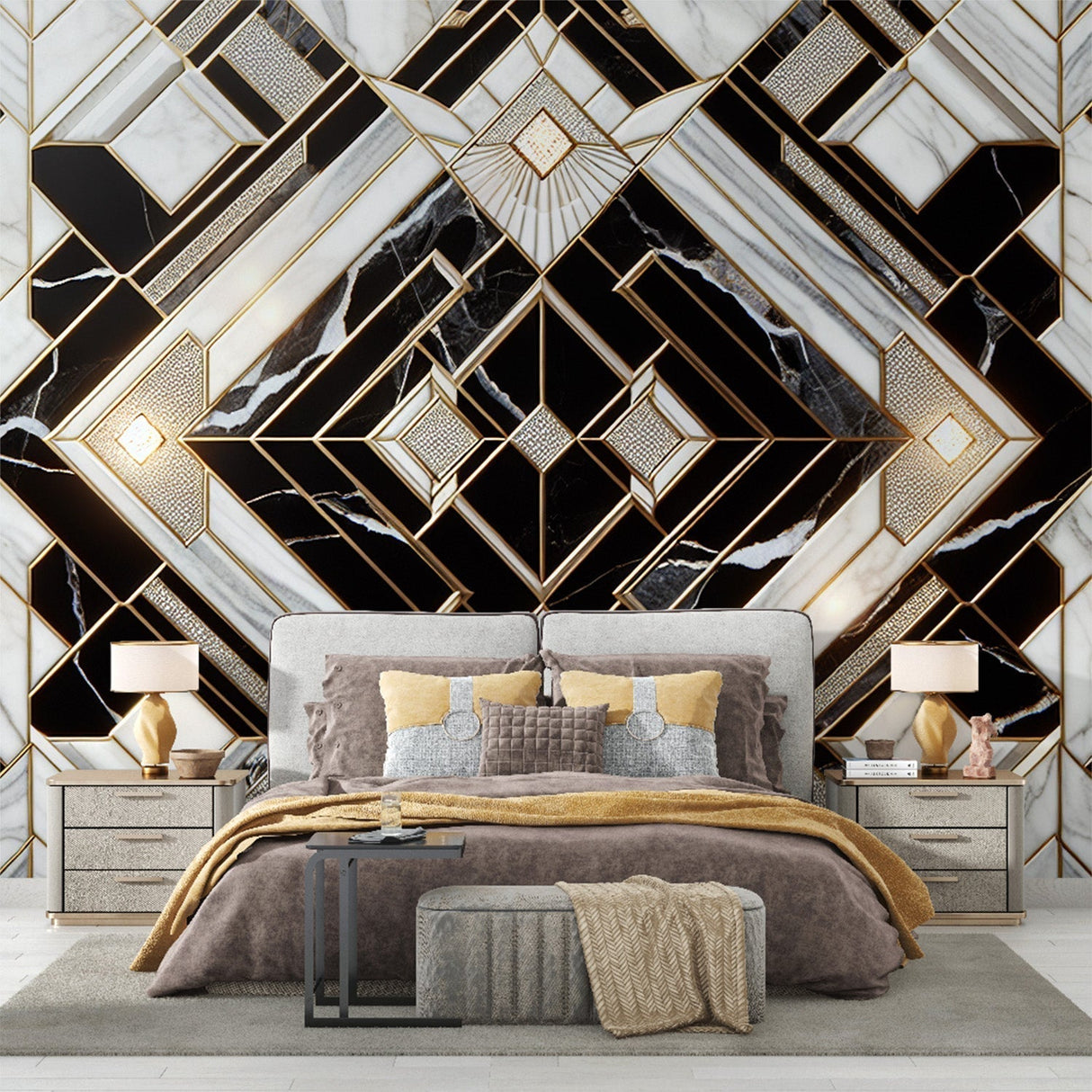 Luxurious Art Deco marble and gold wallpaper creating dramatic impact in a modern living room with high ceilings