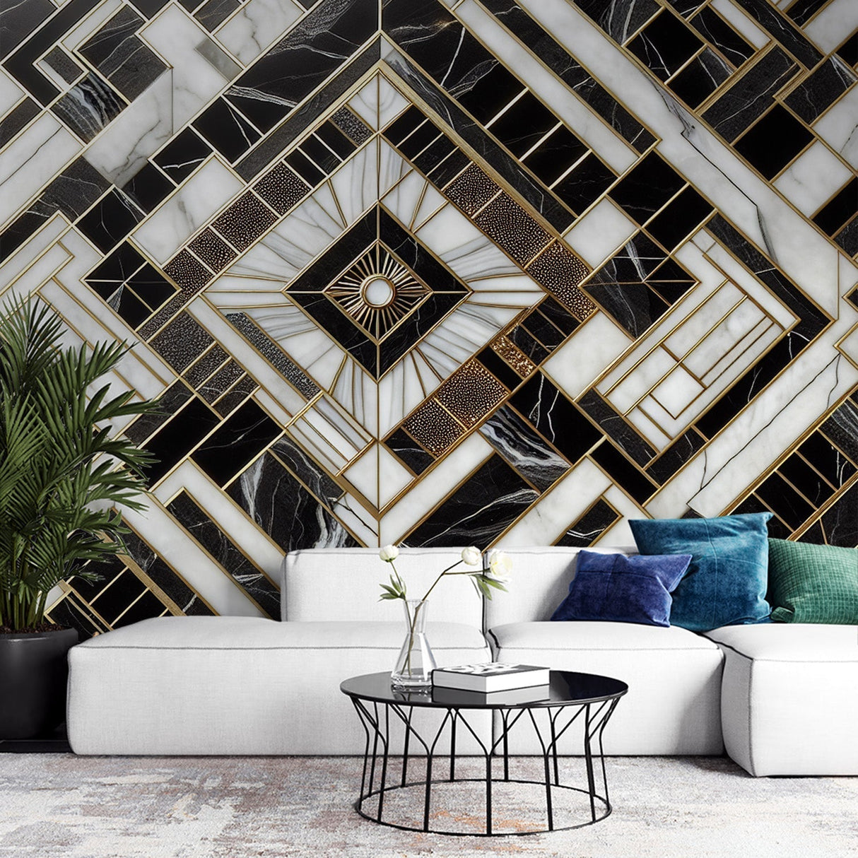 Luxury Art Deco marble and gold geometric wallpaper creating dramatic impact in modern living room setting