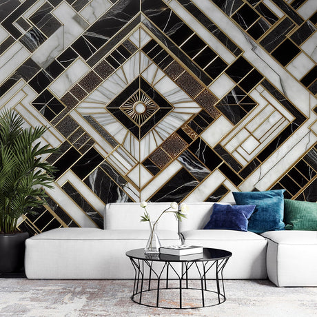 Luxury Art Deco marble and gold geometric wallpaper creating dramatic impact in modern living room setting