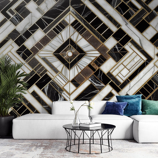 Luxury Art Deco marble and gold geometric wallpaper creating dramatic impact in modern living room setting