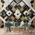 Luxury Art Deco marble and gold geometric wallpaper in modern living room with soft lighting and designer furniture
