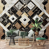 Luxury Art Deco marble and gold geometric wallpaper in modern living room with soft lighting and designer furniture