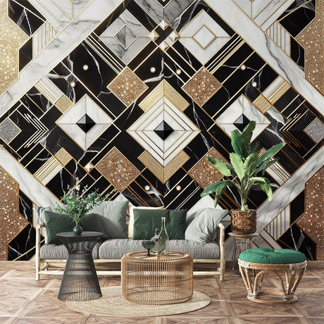 Luxury Art Deco marble and gold geometric wallpaper in modern living room with soft lighting and designer furniture
