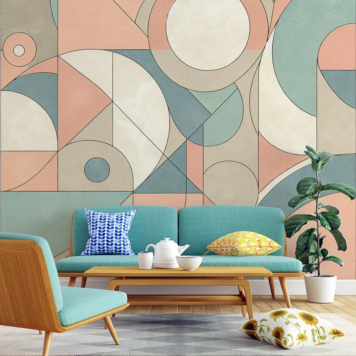 Modern Art Deco geometric wallpaper in a bright living room, showing pastel circles and curves creating a soft, sophisticated atmosphere