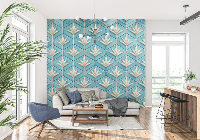 Art deco geometric wallpaper in modern living room with grey sofa and brass accents