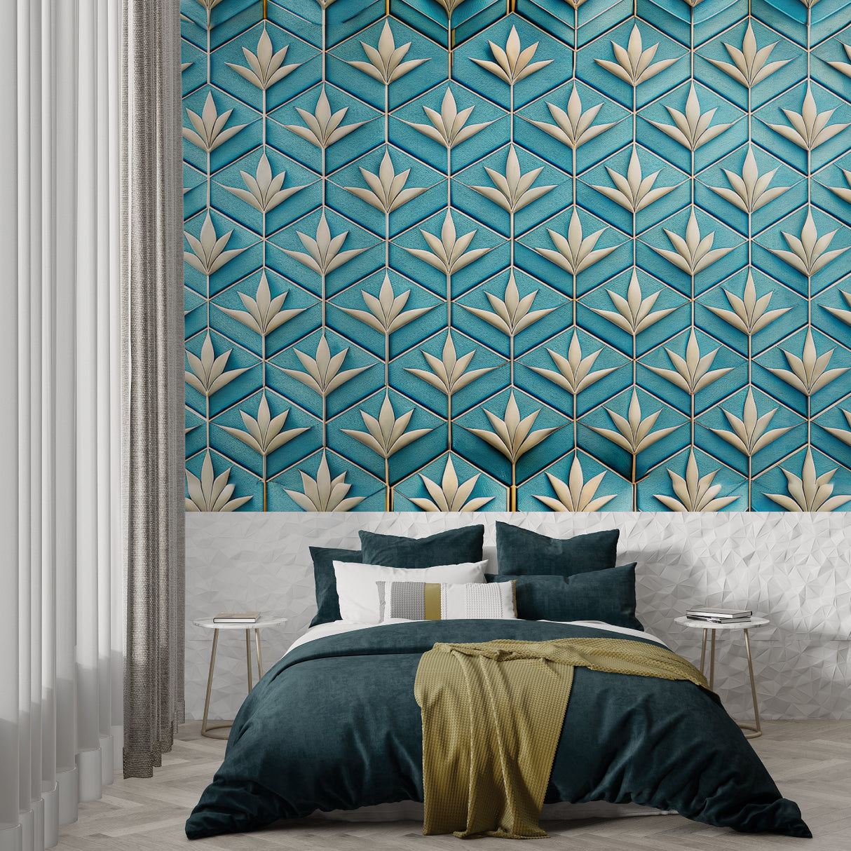 Turquoise art deco wallpaper in dining room with crystal chandelier