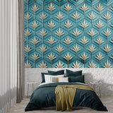 Turquoise art deco wallpaper in dining room with crystal chandelier