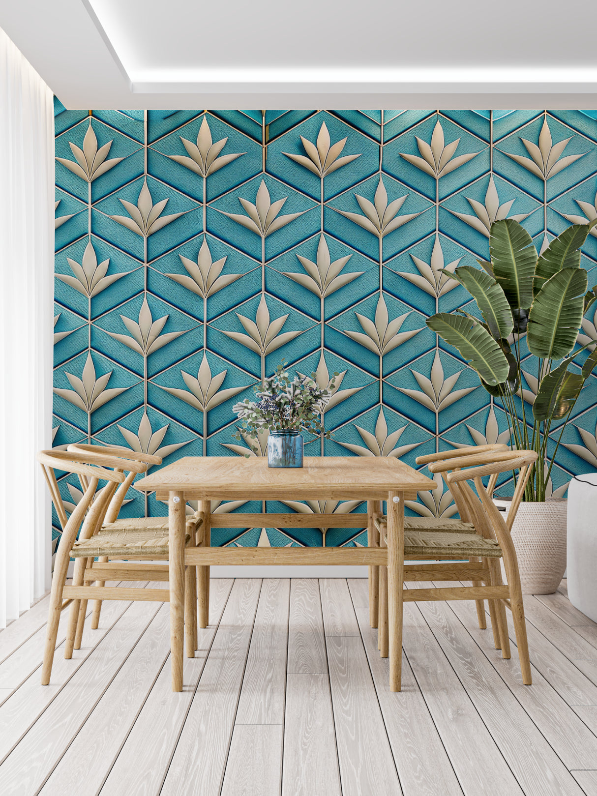 Art deco geometric pattern wallpaper in master bedroom with beige decor