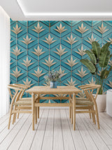 Art deco geometric pattern wallpaper in master bedroom with beige decor