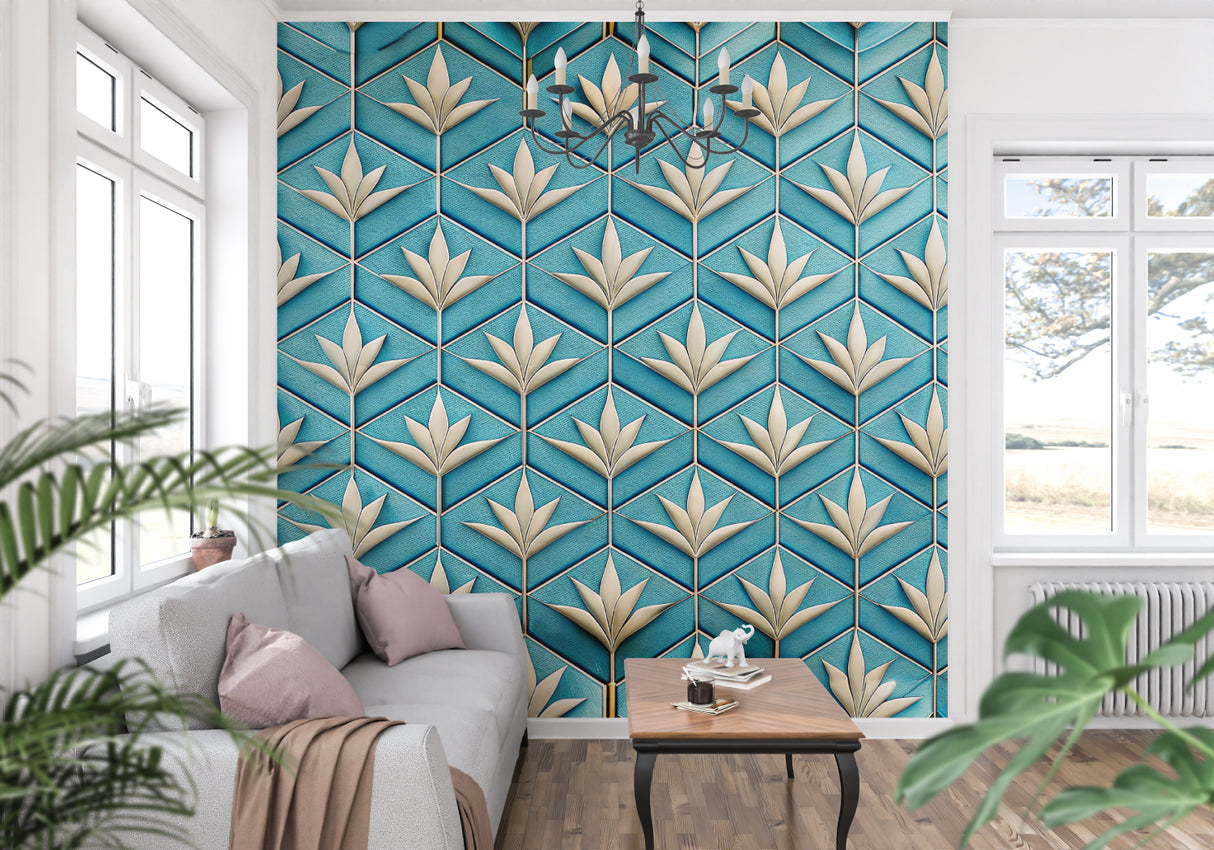 Geometric wallpaper in home office with brass desk and turquoise accessories