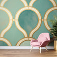 Art deco geometric wallpaper with gold curves creating depth in a modern dining room with soft lighting