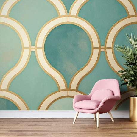 Art deco geometric wallpaper with gold curves creating depth in a modern dining room with soft lighting