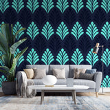 Turquoise Art Deco fan pattern wallpaper in a modern living room setting with elegant furniture and mood lighting