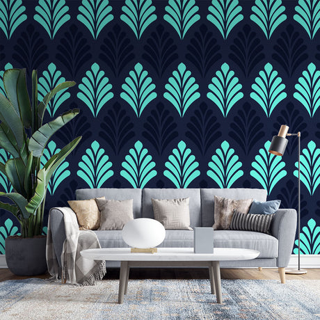 Turquoise Art Deco fan pattern wallpaper in a modern living room setting with elegant furniture and mood lighting