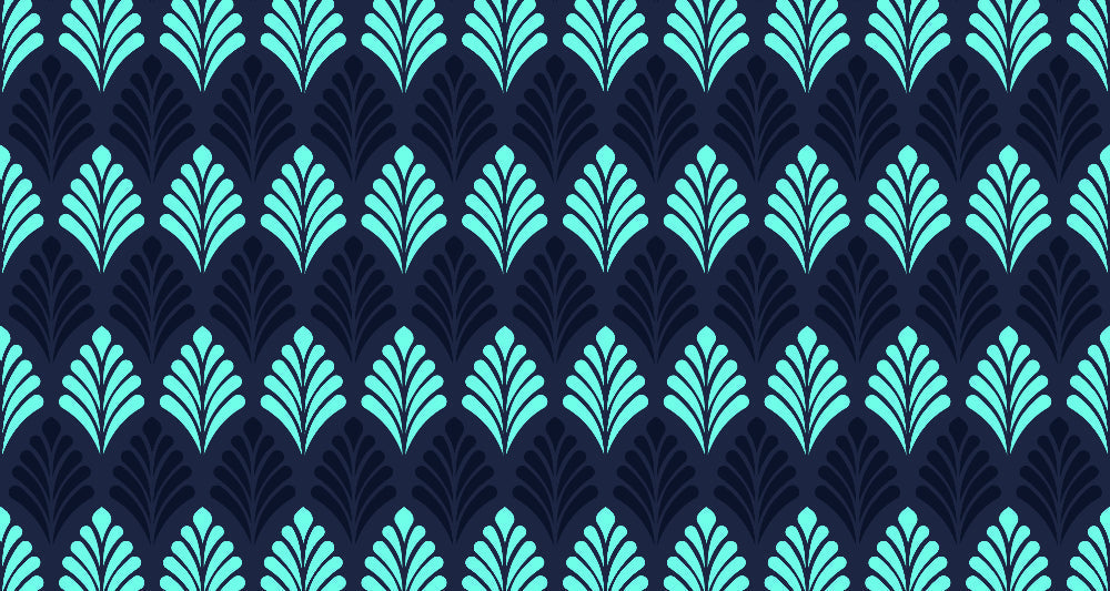 Art Deco geometric fan pattern design file showing turquoise and navy color scheme