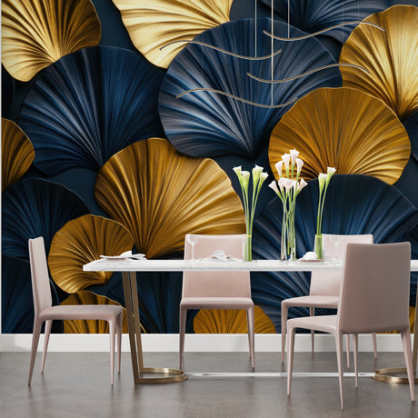 Art deco fan wallpaper in elegant dining room with gold chandelier and navy accents