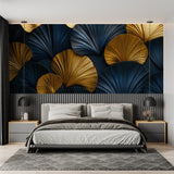 Gold and navy art deco wallpaper in modern master bedroom setting