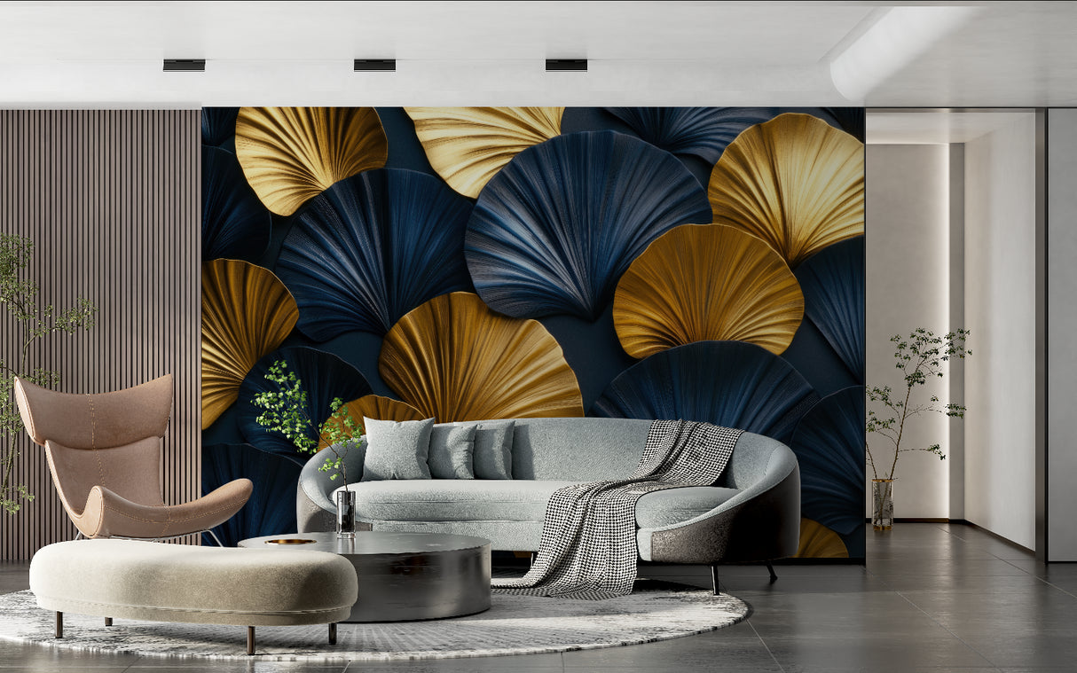 Luxury art deco fan pattern mural in boutique hotel lobby
