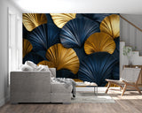 Navy and gold fan wallpaper creating drama in home office space