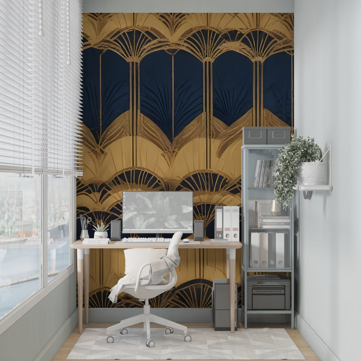 Gold geometric fan pattern wallpaper in luxury hotel-style bedroom